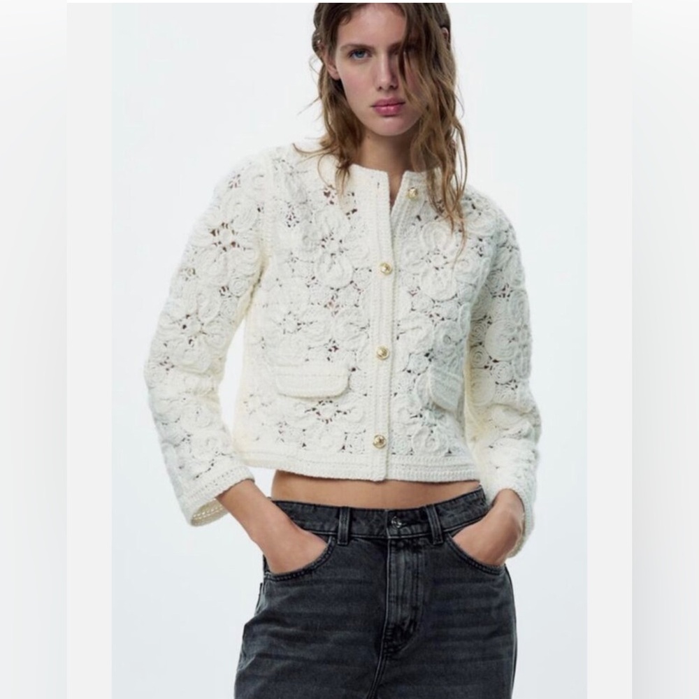 NEW. Zara Knit Macramé Crochet cardigan 1957/018 - Size Small